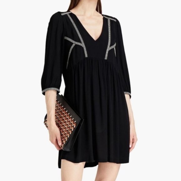 ba&sh Alma Embroidered 3/4 Sleeve Mini Swing Dress in Black and White - Picture 2 of 9